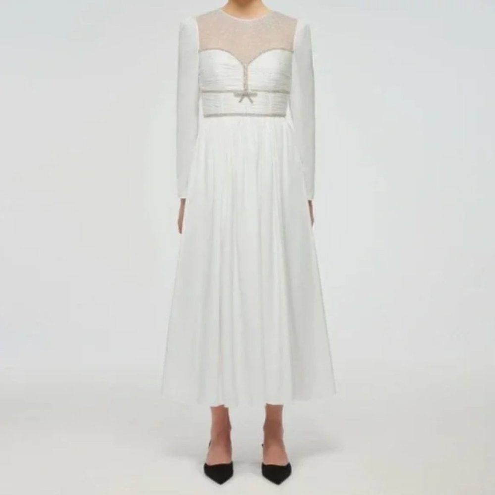 White Diamante Trim Midi Dress